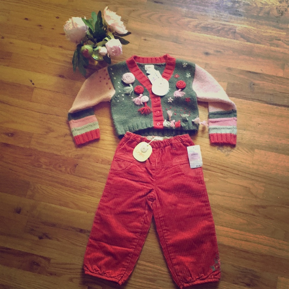 NWT Confetti Designer Embroidered Knit Colorful Cardigan & Corduroy Pants